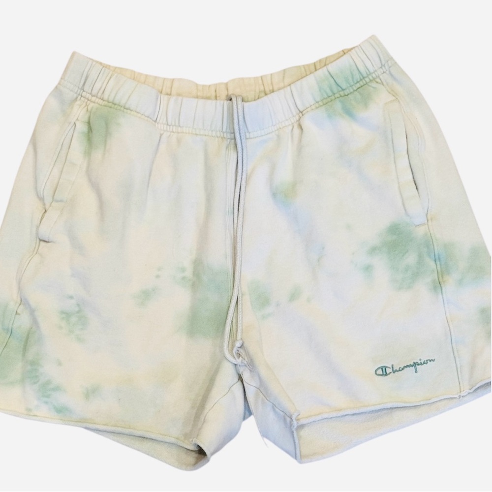 Champion Sunwash Boyfriend Sweat Shorts White Green Relax Fit S High Waisted